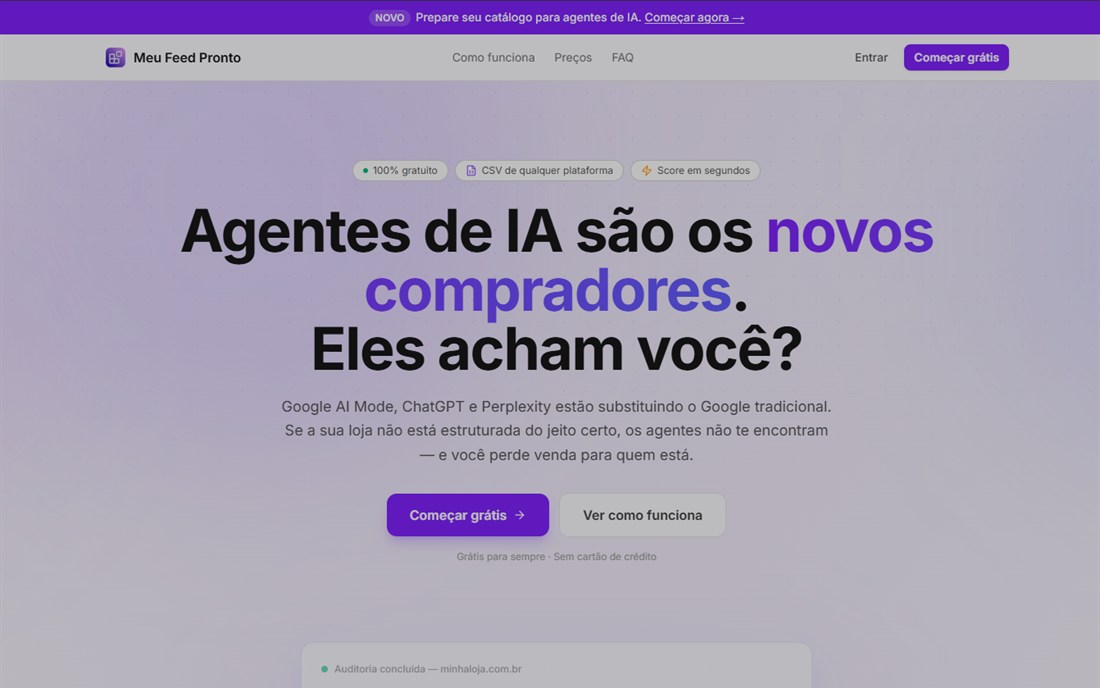 The Meu Feed Pronto dashboard, showing a store's catalog and its Agent Ready Score