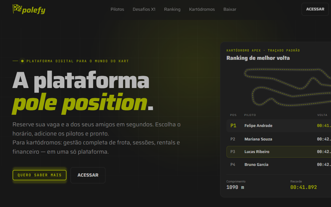 The polefy landing page, with the product name over a photo of a kart on a track