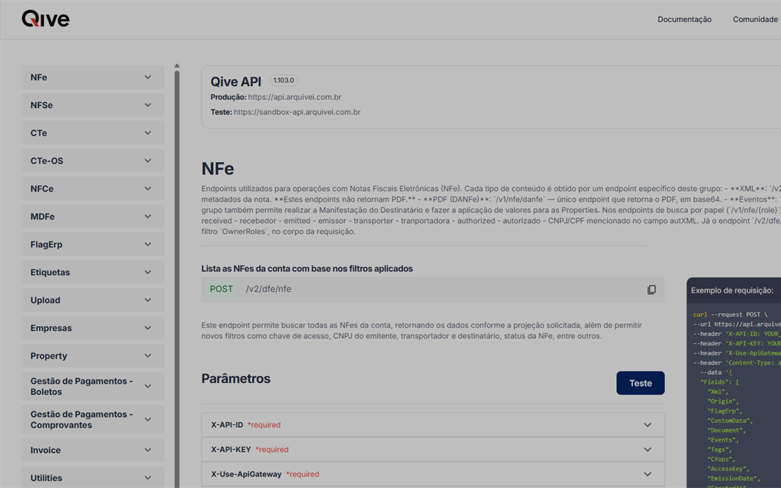 The Qive developer portal, with the API reference on the left and the interactive playground on the right