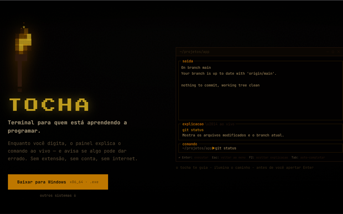 The Tocha website, presenting the educational terminal and its download options
